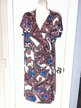 George Paisley Wrap Midi Dress in Blue, Coral & White